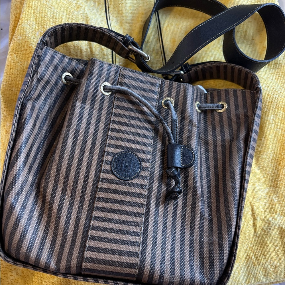 Vintage Fendi Pequin Stripe Bucket Crossbody Bag Tobacco Brown Authentic